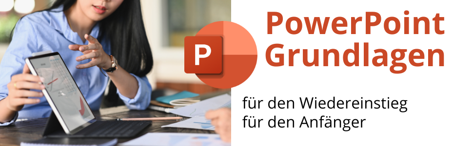 Microsoft PowerPoint Kurs für Anfänger, für den Wiedereinstieg - in Präsenz | auf dem Bild Notebook, Frau im Hintergrund, präsentiert