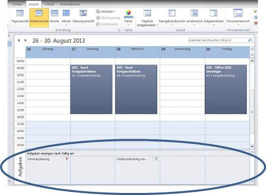 Outlook Kalenderblatt, auf dem Aufgaben nach Fälligkeit angezeigt werden