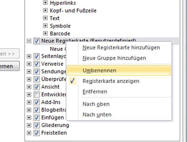 Fenster Word-Optionen im Detail auf dem eine Neue Registerkarte umbenannt wird