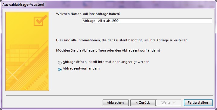 Screenshot des MS Access Auswahlabfrage-Assistent