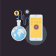 Illustration eines Smartphones und einer Weltkugel, die ein Reagenzglas aussieht und mit dem Handy verbunden ist
