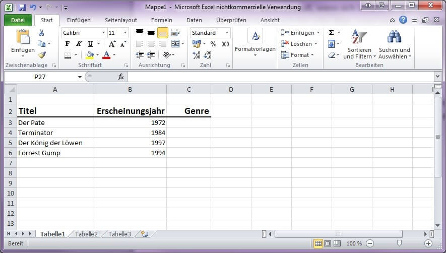 Excel-Datenblatt mit einer 3-spaltigen Tabelle
