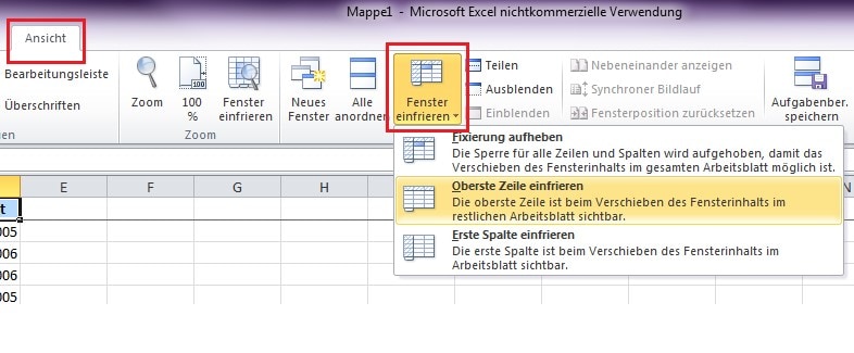 Screenshot der Funktion Fenster einfrieren in Excel