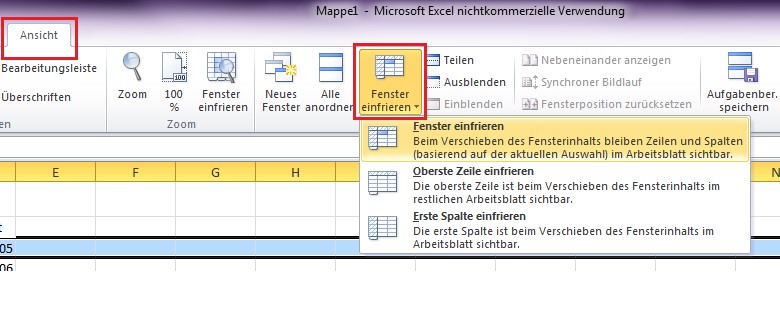 Screenshot der Excelfunktion Fenster einfrieren