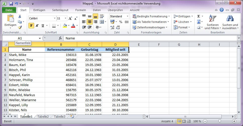 Screenshot einer unformatierten Exceltabelle mit Namen, Nummern, Datum