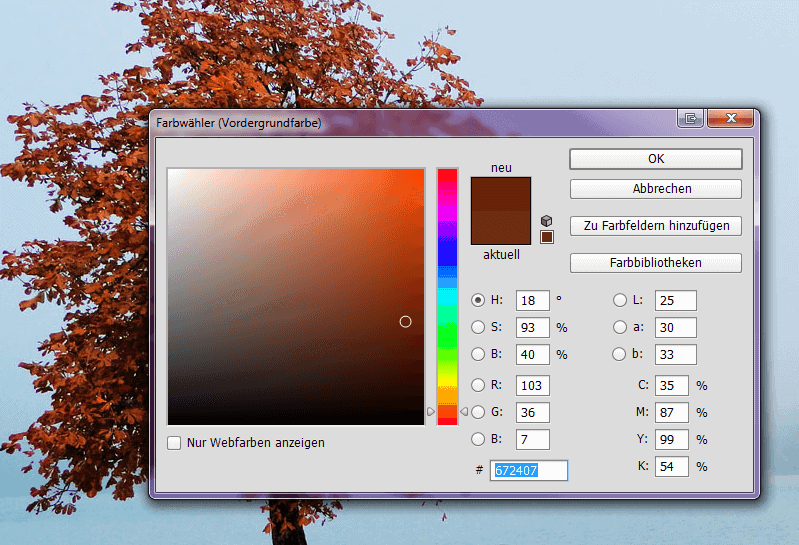 Screenshot einer Photoshopdatei mit dem Fenster Farbwähler