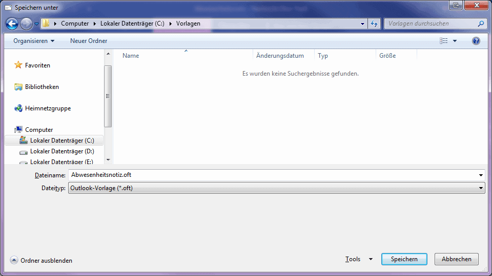 Screenshot einer Abwesenheitsnotiz, die als .oft-Datei gespeichert wird