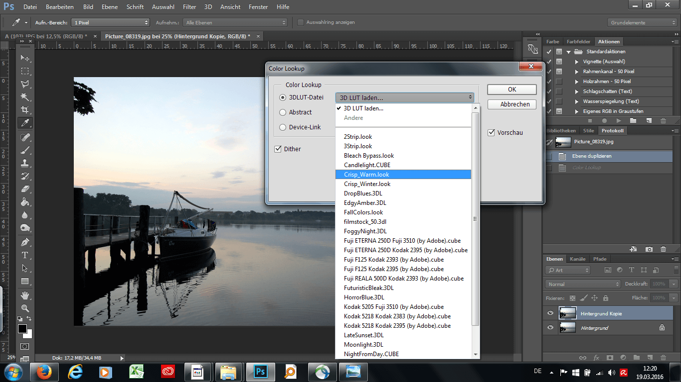 Der Color Lookup 3D LUT laden ist in Photoshop geöffnet und wird auf ein Foto angewendet