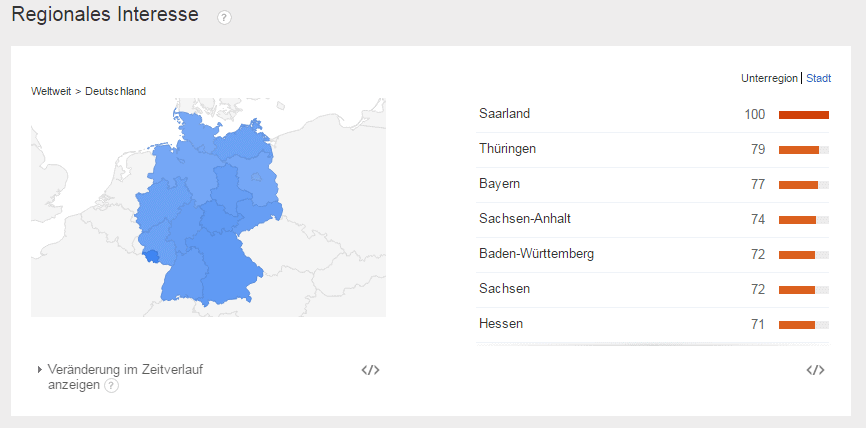 Zeigt eine Karte von Deutschland und das regionale Interesse