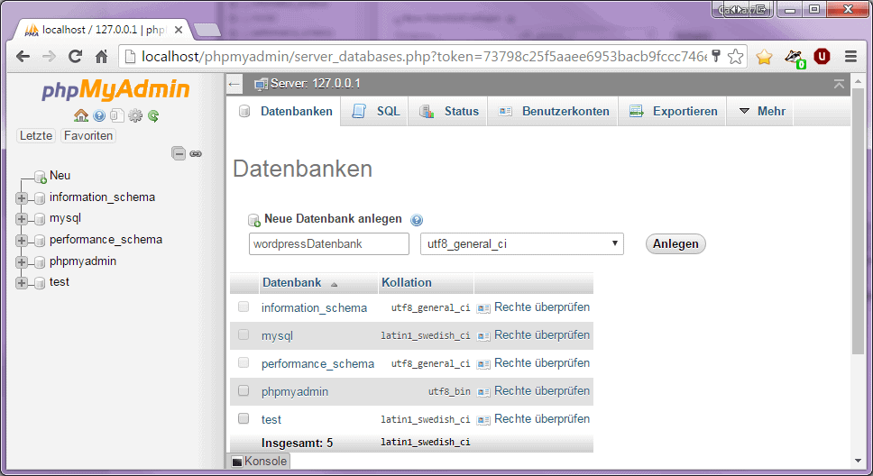 Zeigt die Seite "Datenbanken" in phpMyAdmin