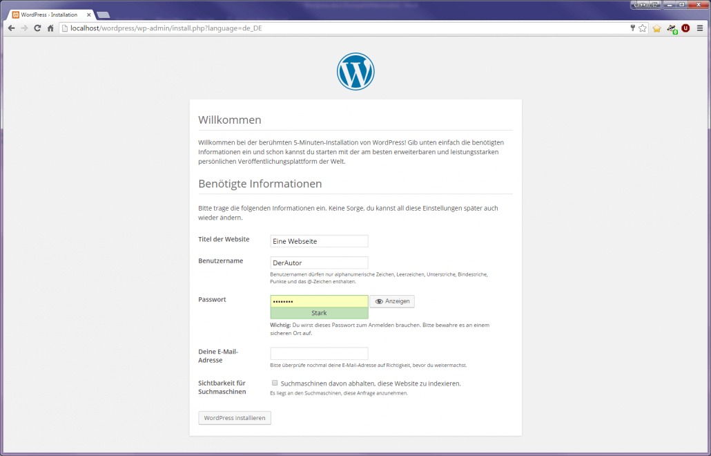Zeigt die Installationsoptionen für Wordpress