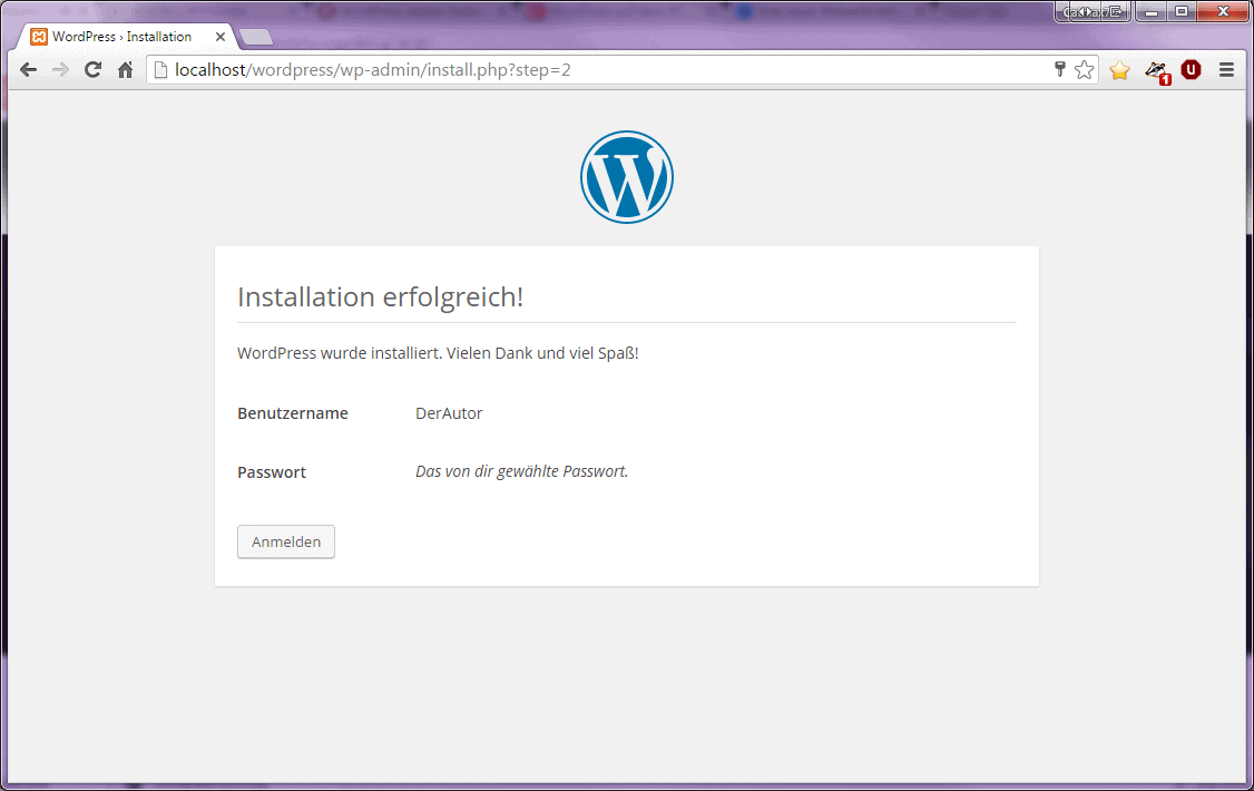 Zeigt den Abschluss der Wordpress -Installation