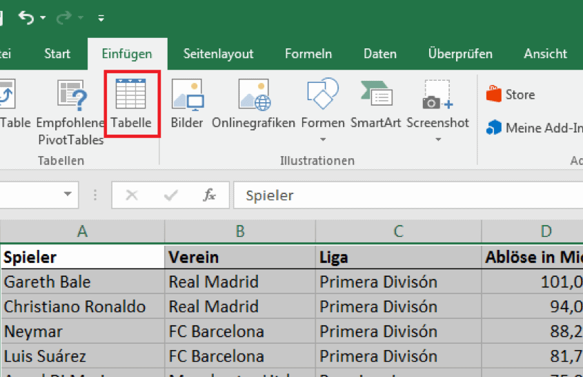 Zeigt den Tabelle Button in Excel