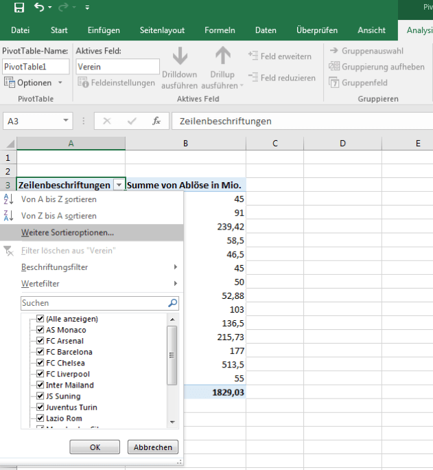 Zeigt ein Popupmenü in Excel mit dem Pukt "Weitere Sortieroptionen"