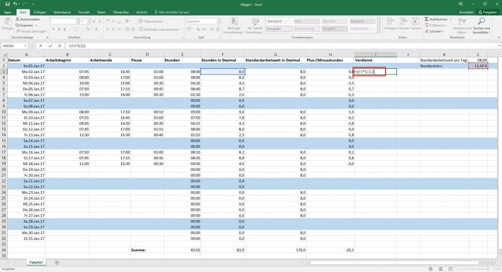 Excel-Stunden mit Stundenlohn multiplizieren