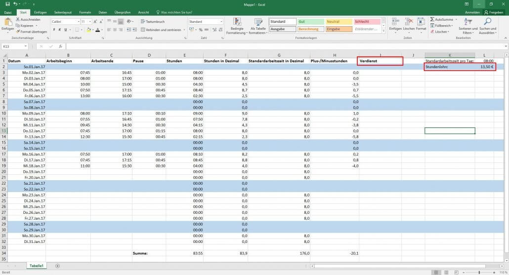 Excel-Verdienst berechnen