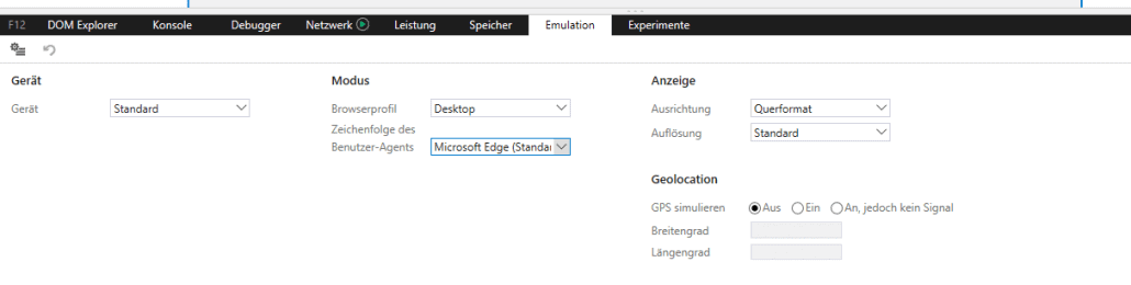 Microsoft Edge - F12 Entwicklertools Emulation