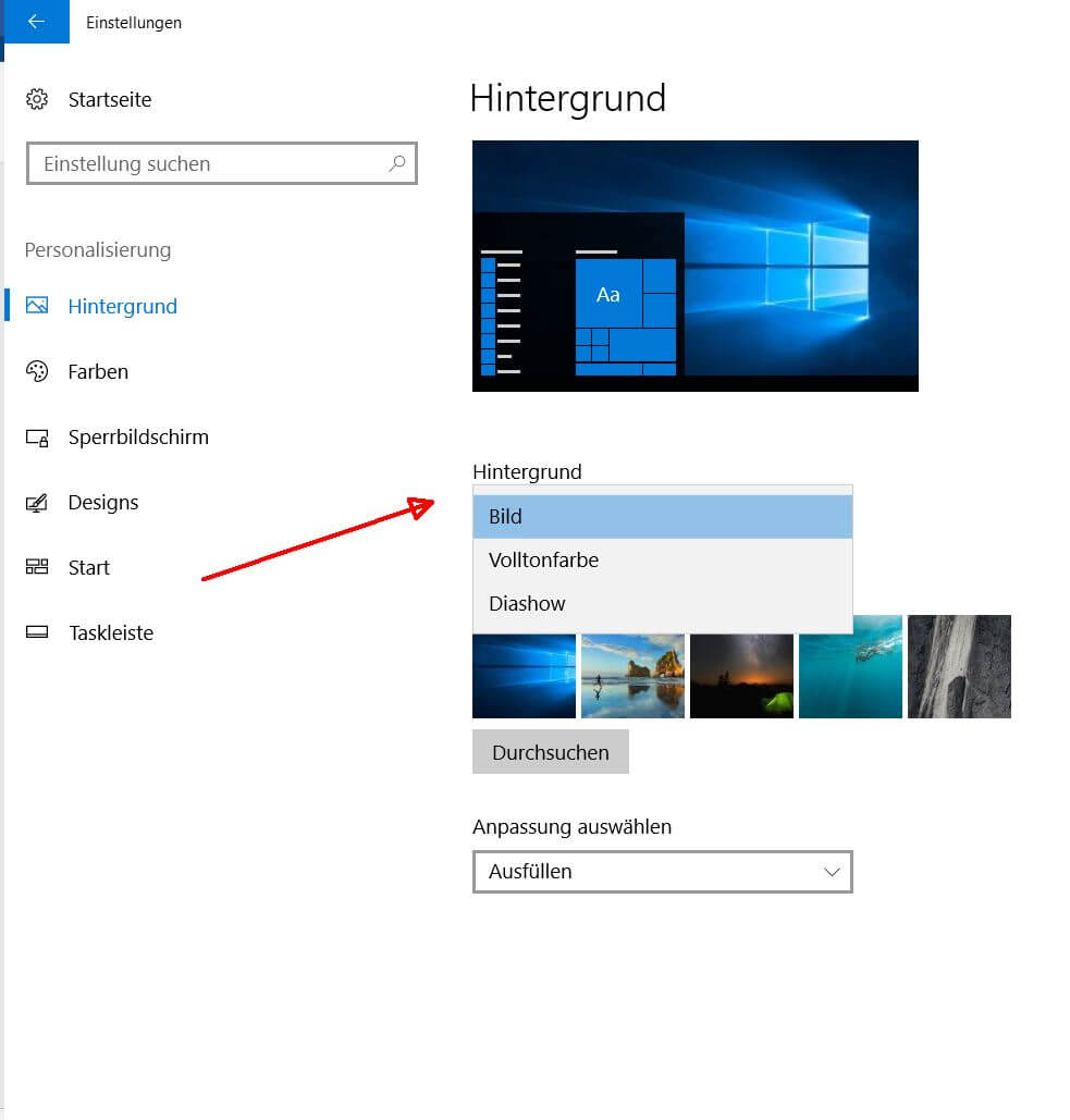 Windows 10 Einstellungen - Hintegrund - Bild