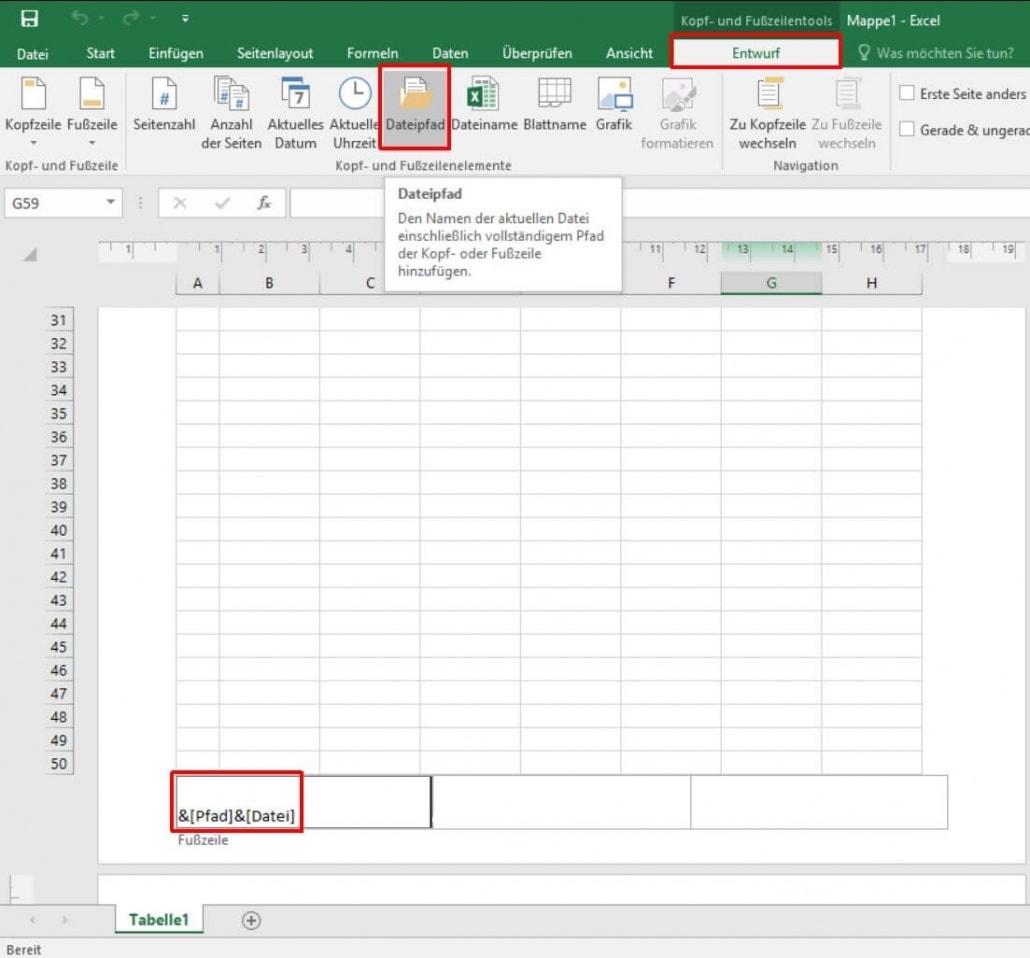 Excel - Fußzeile Dateipfad einfügen